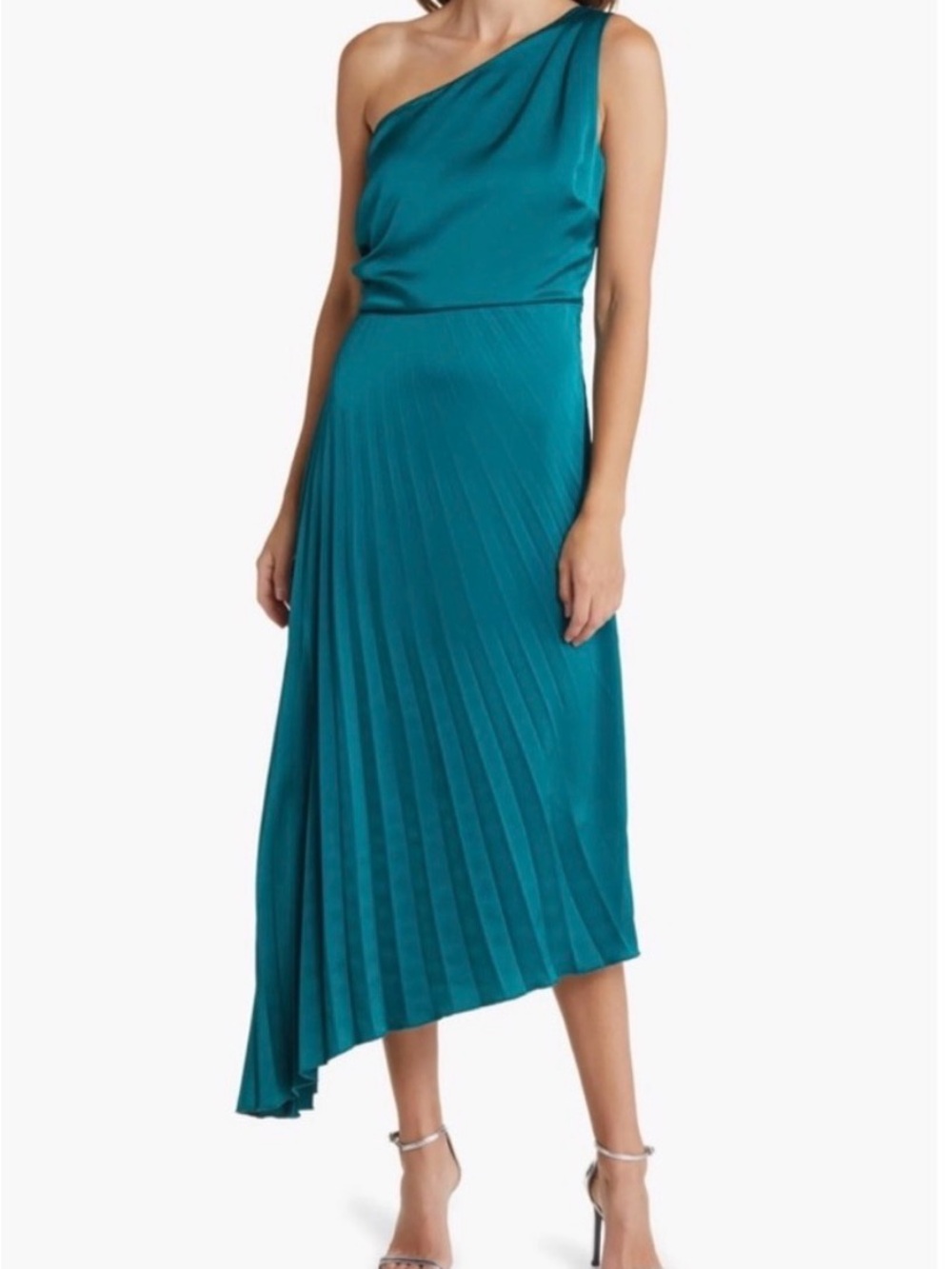 Sam Edelman One-Shoulder Teal Pleated Midi Dress